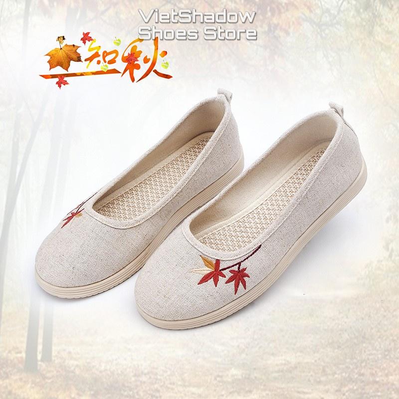 Slip on nữ - Giày lười vải thêu hình Lá Phong - Chất liệu vải gai dầu màu kaki - Mã C-8