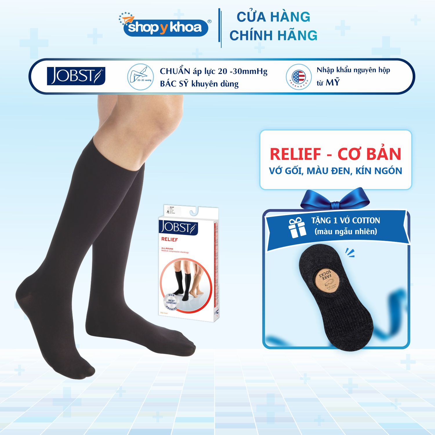 Vớ y khoa gối JOBST Relief - Cơ bản, màu đen, kín ngón, 20-30mmHg, giãn tĩnh mạch chân tất y khoa - M - Đen - Kín ngón