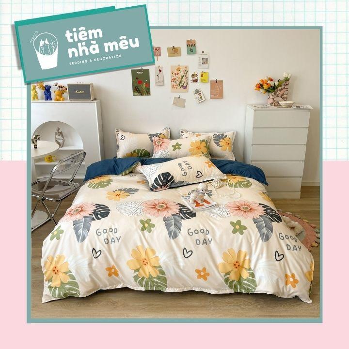 Bộ Chăn Ga Gối Cotton 80% m6/m8/2m - Full size Tiệm Nhà MêuSet 4 Món 2 Vỏ gối ,drap , vỏ chăn lá dứa vàng siêu bền