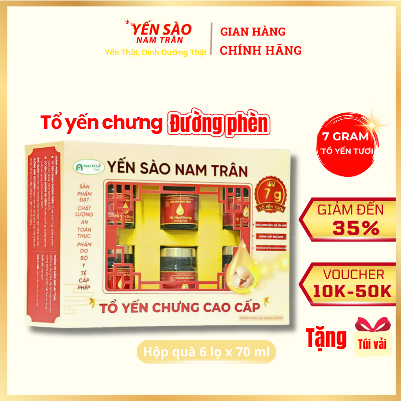 Yến chưng Đường Phèn NAM TRÂN 7 gram Tổ Yến Tươi giúp Bồi bổ sức khoẻ. Hộp ( 6 lọ x 70 ml )
