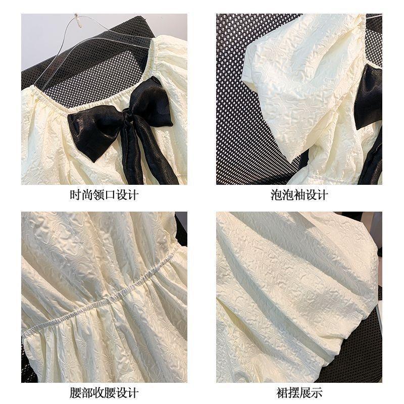 DONGSHOP HOT Cô gái bong bóng nước ngoài tay áo đầm mùa hè 2023 Hàn Quốc trẻ em Bowknot váy công chúa váy mùa hè