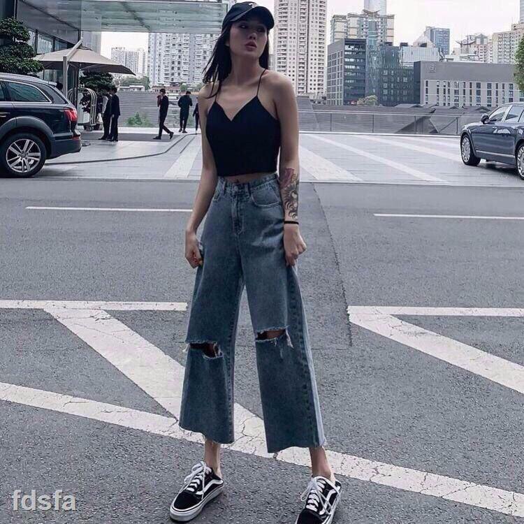 Quần Jean nữ Ống Rộng Rách Gối