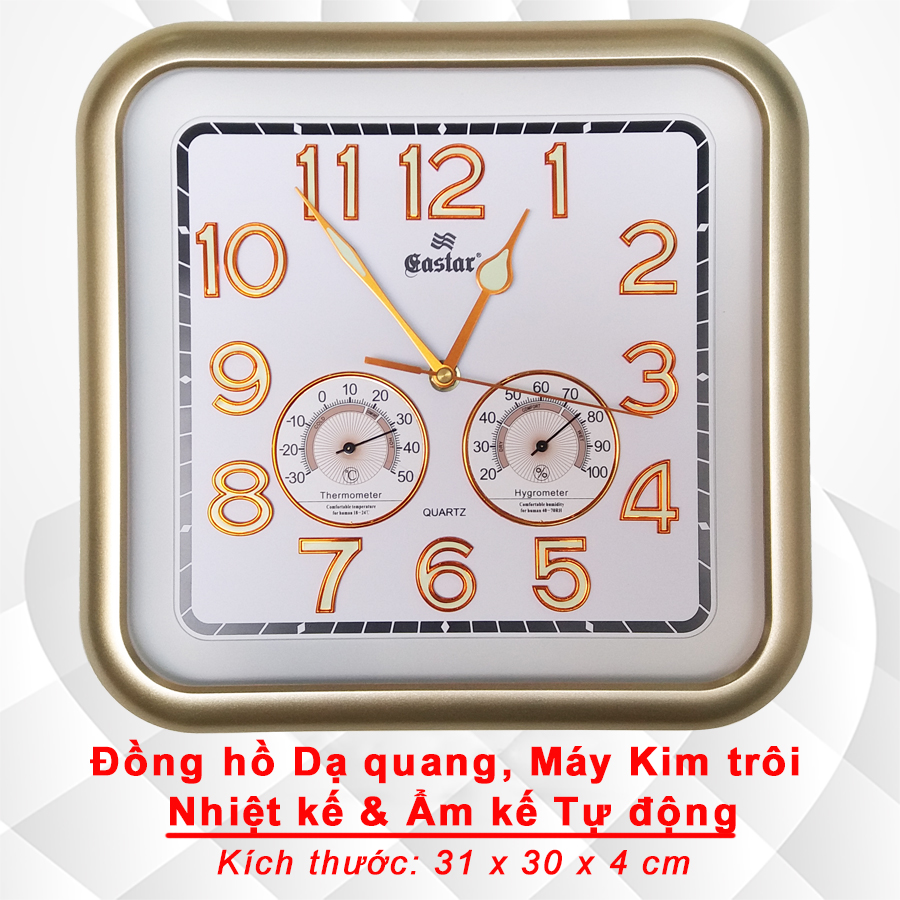 Đồng Hồ Treo Tường EASTAR Cao Cấp Có DẠ QUANG Và NHIỆT ẨM KẾ CƠ (Không Dùng Pin) - Máy Kim Trôi - SỐ NỔI 3D - Hình Vuông Mặt Trắng - Tặng Pin Maxell