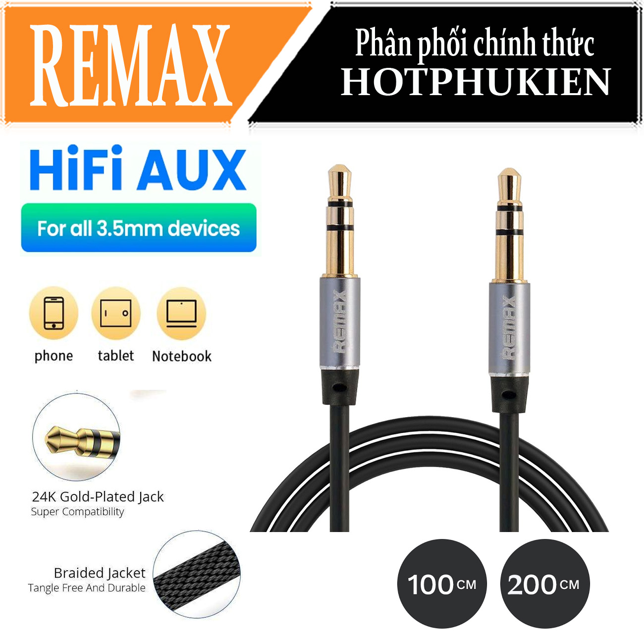 Dây cáp âm thanh Hifi AUX 3.5mm Audio hiệu Remax RL-L100 / Remax RL-L200 truyền tải âm thanh chất lượng cao (đầu cáp mạ vàng, chất dây nylon bền bỉ, công nghệ SR chống gãy đầu cáp) - Hàng nhập khẩu