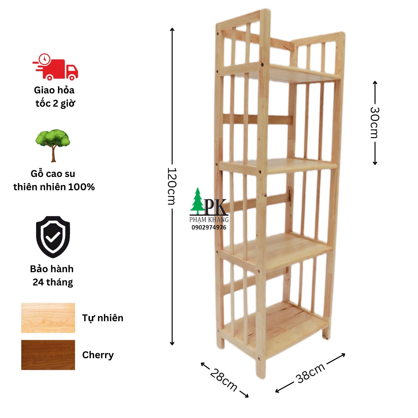 Kệ sách gỗ 4 tầng Phạm Khang - Gỗ cao su tự nhiên màu Gỗ Tự Nhiên/ Vàng Cherry - Kích thước rộng 38 cm