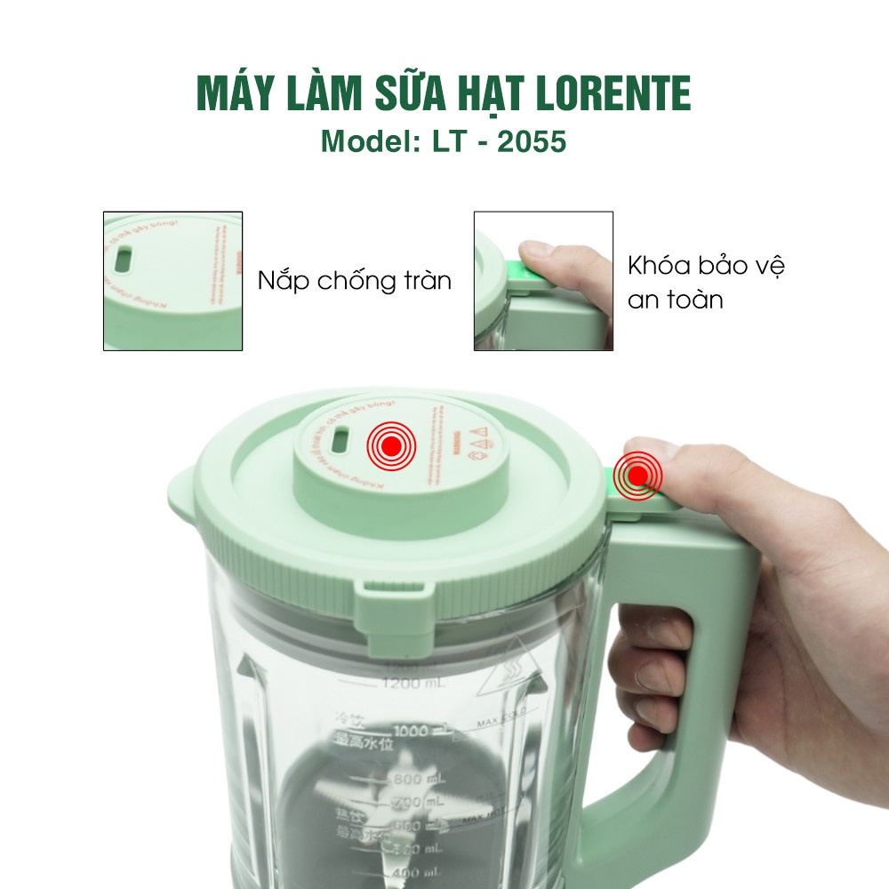 Máy xay làm sữa hạt 1.2L Lorente LT-2055 cối thủy tinh 5 lớp chịu nhiệt, nấu sữa đậu nành, sữa bắp khi xay - Hàng chính hãng