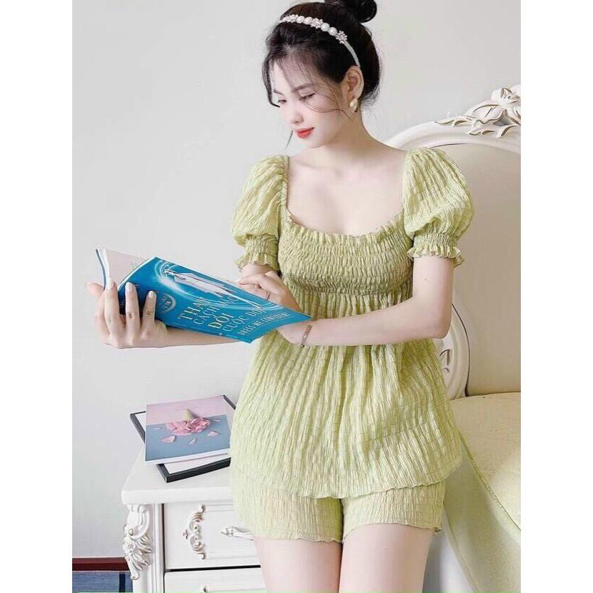 SET ÁO NHÚN THÂN CÚP NGỰC CÓ BO CHUN BÈO TAY NGẮN CỔ VUÔNG+QUẦN ĐÙI CHẤT VẢI XỐP NHÚN- ảnh thật
