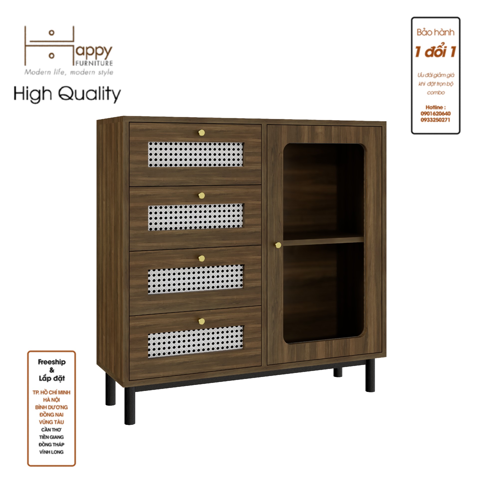 [Happy Home Furniture] ROTAN, Tủ đựng đồ cửa kính - 4 ngăn kéo - chân sắt , 90cm x 30cm x 90cm ( DxRxC), THK_124