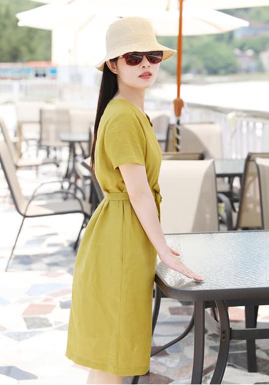 Đầm suông tay ngắn cổ tim xanh cốm kèm đai rời, chất thô mềm mát, thời trang phong cách Hàn Quốc
