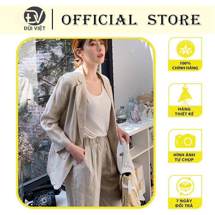 Áo khoác vest blazer nữ Đũi Việt vải linen Hàn, form rộng túi đắp, kiểu dáng công sở (Be) Dv09