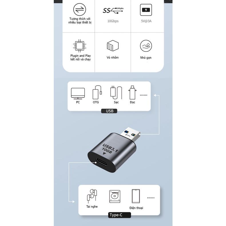 Đầu chuyển Usb 3.1 ra Type-c 10Gbps, 5v3a vỏ nhôm - Hồ Phạm