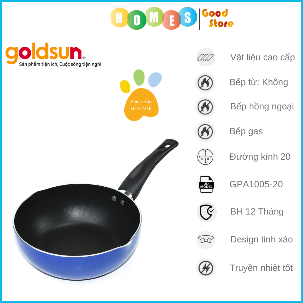 Chảo Chống Dính Đáy Lòng Sâu GOLDSUN GPA1005-20 Đường Kính Đáy 20 Cm, Công Nghệ Chống Dính Mỹ- Hàng Chính Hãng