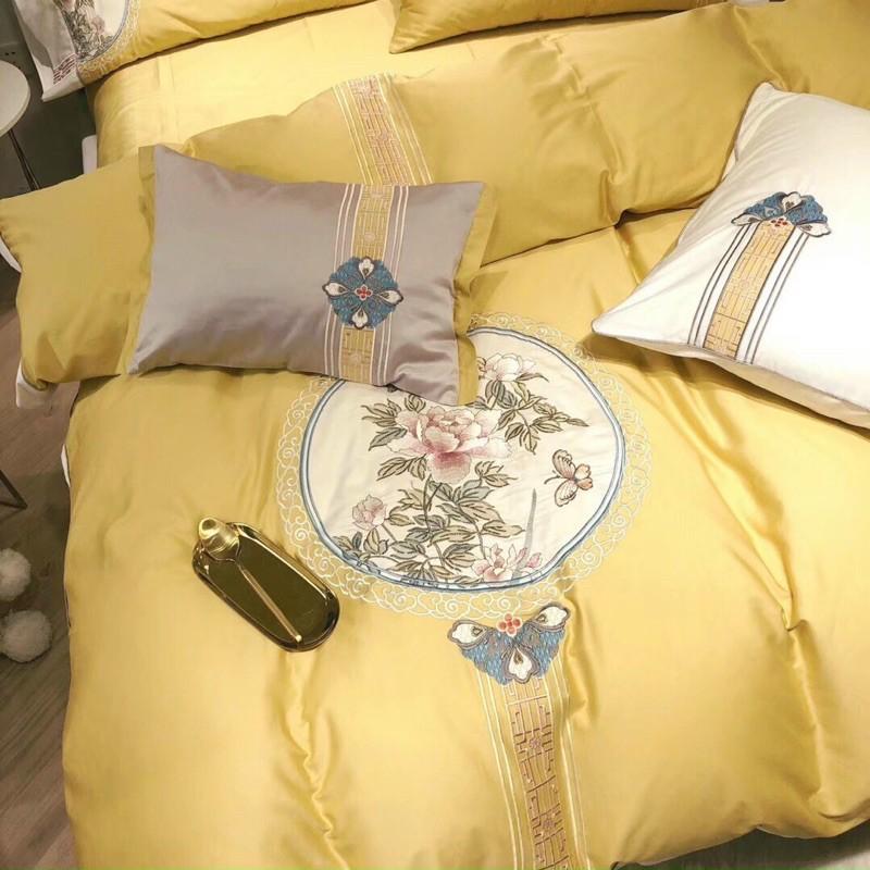 Bộ Chăn Ga Gối Lụa Tencel 60s Thêu -Hàng Nhập Khẩu Cao Cấp 5 Món Hoạ Tiết Độc Đáo