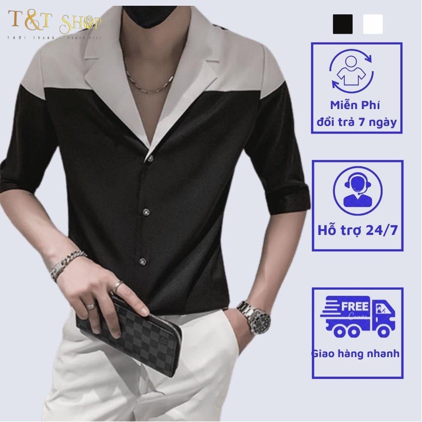 Áo sơ mi tay ngắn nam sơ mi cổ vest tay lỡ, chất vải lụa mịn chống nhăn phong cách trẻ trung độc lạ T1