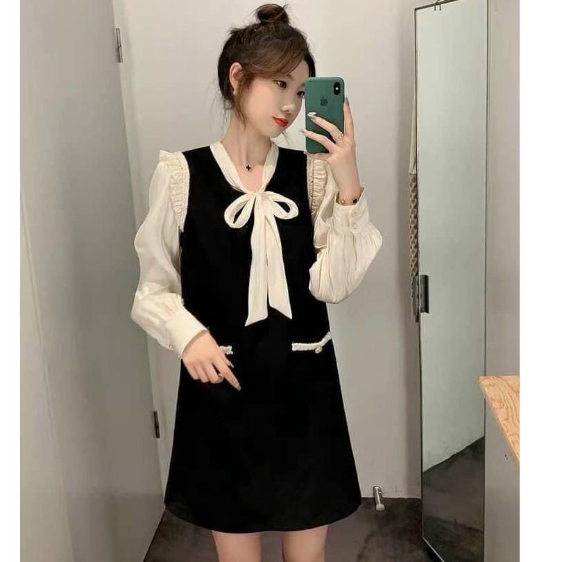 Váy bầu và sau sinh - Đầm thiết kế màu đen phối tay trắng dáng suông