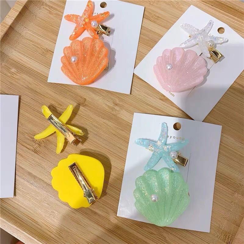 Kẹp tóc, Set kẹp tóc mini hình sao biển - vỏ sò kết ngọc kiểu dáng xinh xắn, màu sắc kẹo ngọt, phong cách Hàn Quốc