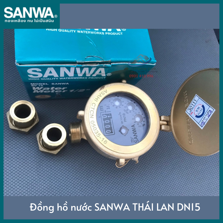 Đồng hồ đo lưu lượng nước sạch Sanwa nhập khẩu, có kiểm định, Phi 21mm SV15