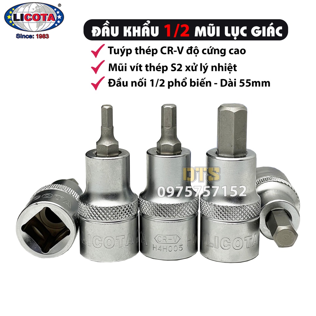 Đầu khẩu 1/2 ra đầu lục giác Licota, đầu tuýp lục giác thép S2 siêu cứng 4-10mm, đầu khẩu lục giác 1/2 inch cao cấp