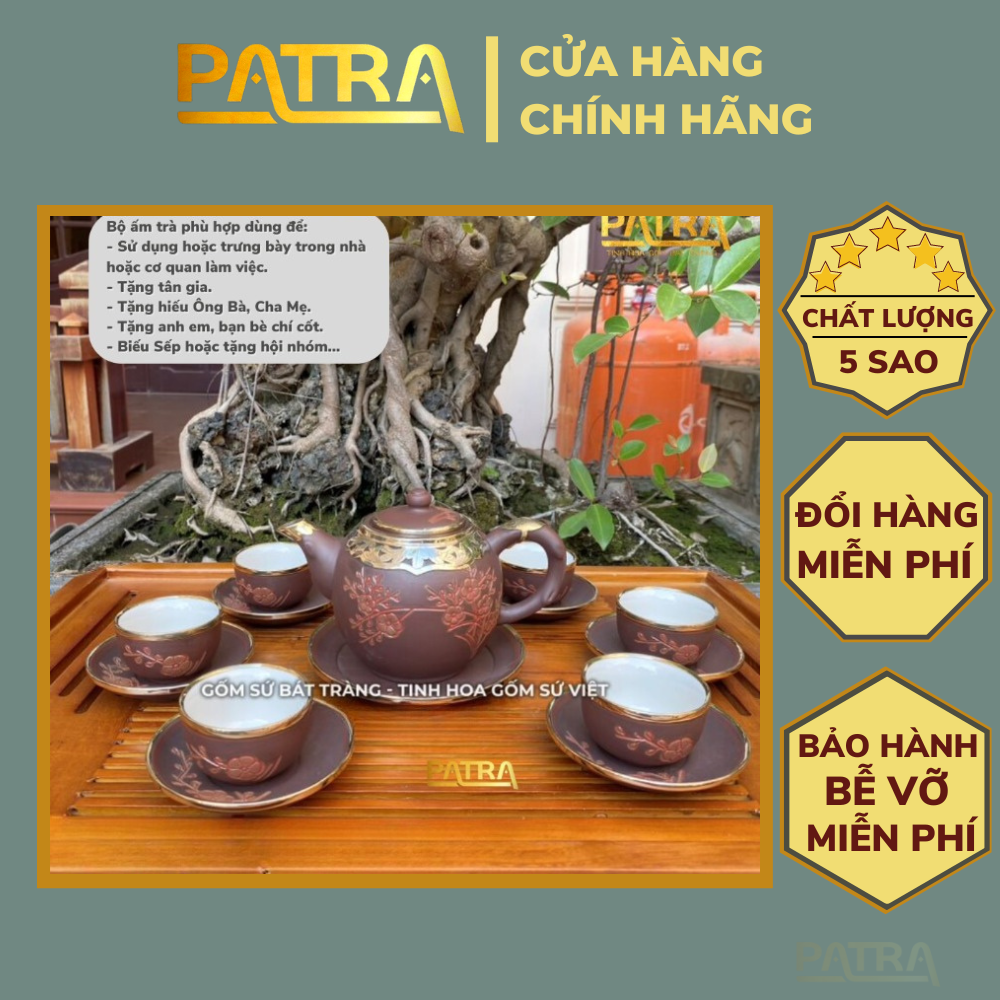 Bộ ấm chén uống trà cao cấp , bộ ấm trà Bát Tràng - trường sa nhật nguyệt khác đào hoa bọc đồng trắng