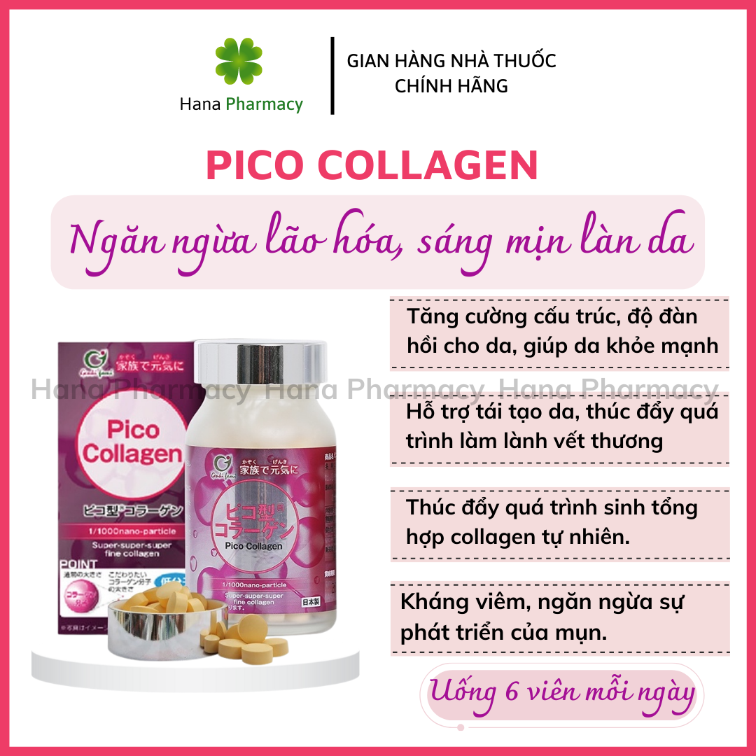 PICO COLLAGEN với collagen kích thước siêu nhỏ, hyaluronic acid, sữa ong chúa, chiết xuất nhau thai giúp tăng đàn hồi và độ ẩm, ngừa mụn, làm chậm lão hóa da, giúp da căng mịn
