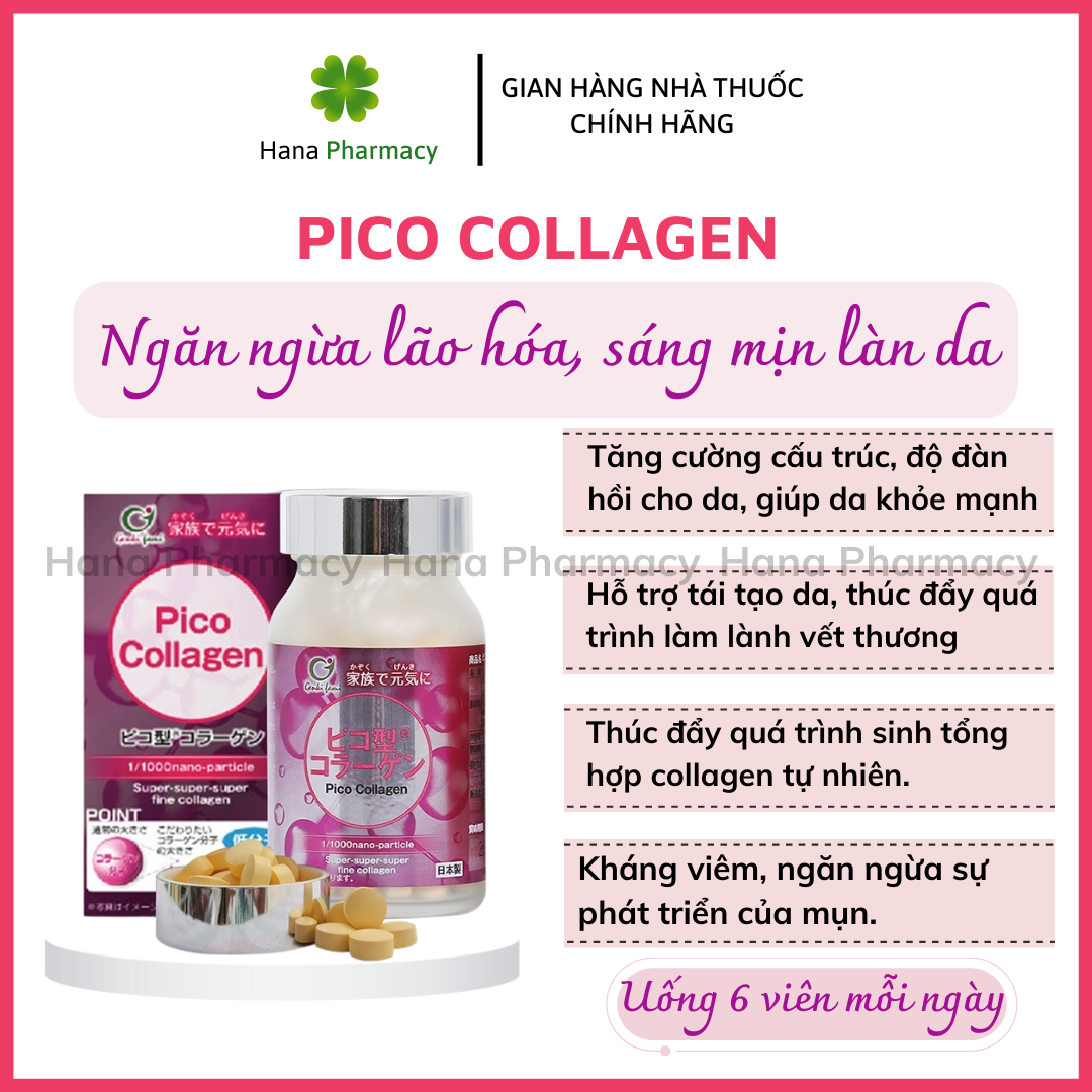 [Nhập khẩu chính hãng] PICO COLLAGEN với collagen kích thước siêu nhỏ, hyaluronic acid, sữa ong chúa, chiết xuất nhau thai giúp tăng đàn hồi và độ ẩm, ngừa mụn, làm chậm lão hóa da, giúp da căng mịn (Hộp 180 viên/30 ngày)