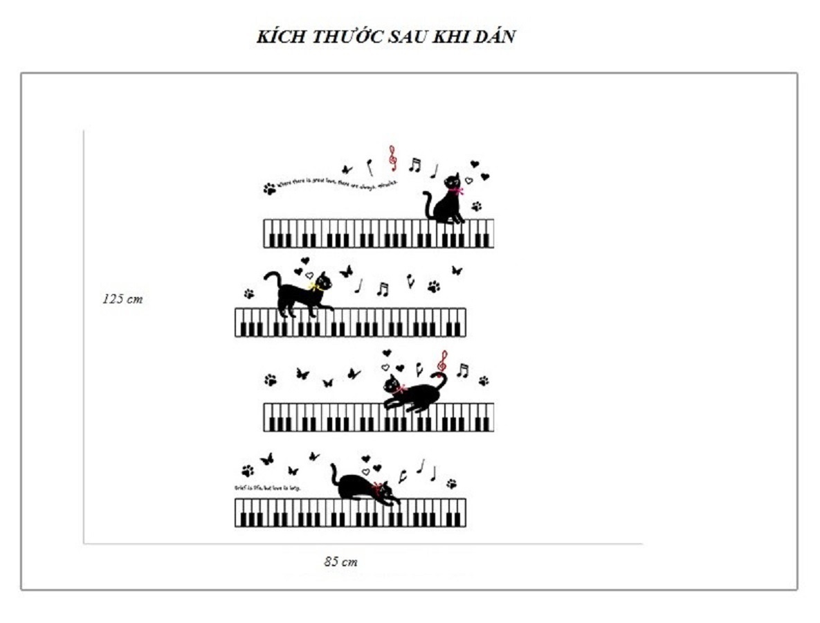 Decal dán tường mèo tinh nghịch đàn piano dễ thương sang trọng