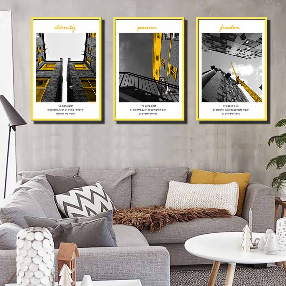 Bộ 3 tranh canvas treo tường Decor Họa tiết kiến trúc tone vàng, xám - DC201