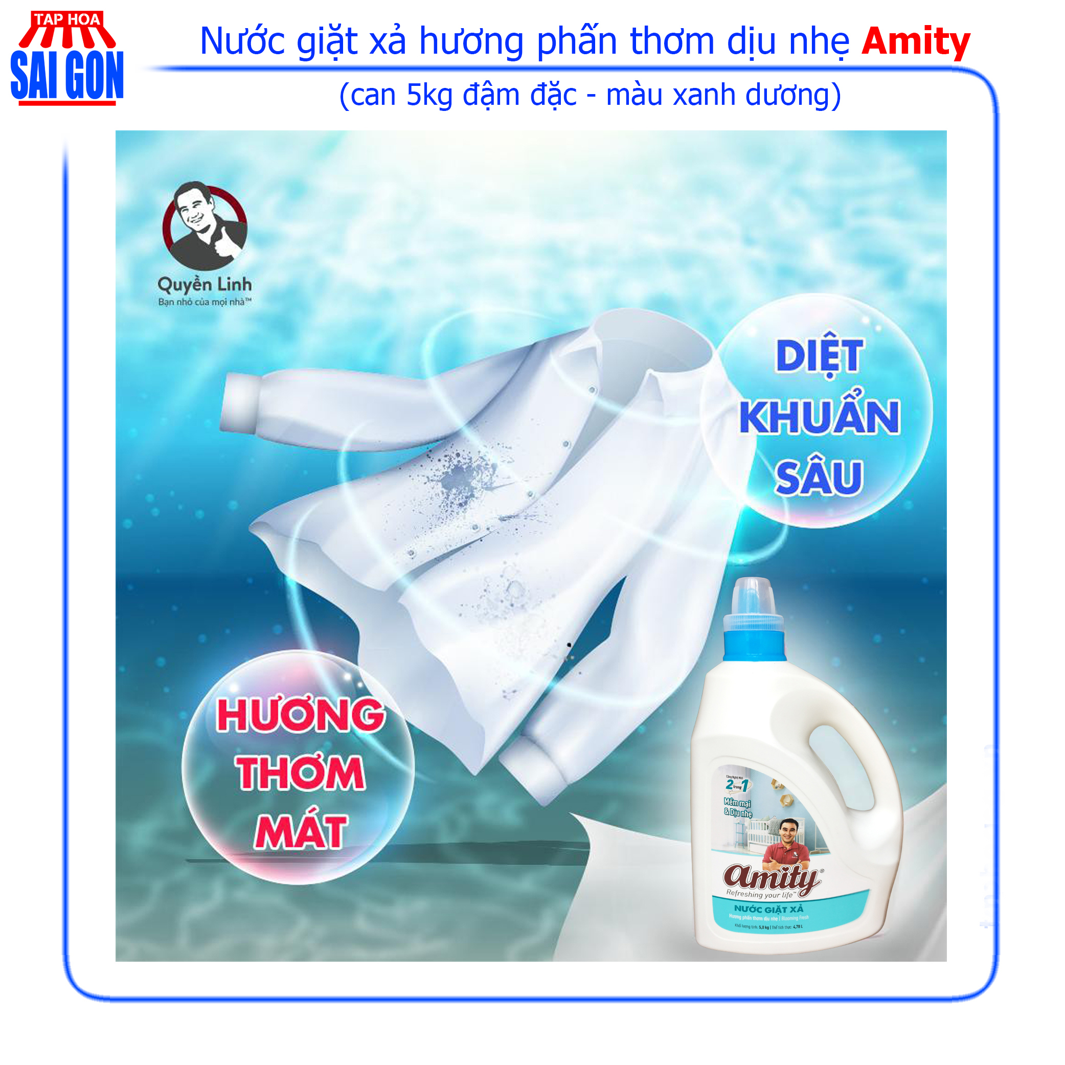 Nước Giặt Xả Amity hương phấm thơm dịu nhẹ (xanh dương) can 5kg giúp giữ mùi thơm nhẹ nhàng suốt cả ngày