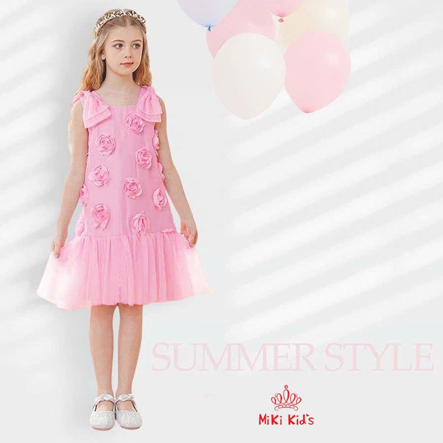 Đầm váy babydoll hai dây hoa mùa hè cho bé gái đi chơi đi học mát từ 12-35kg chất voan mềm mại