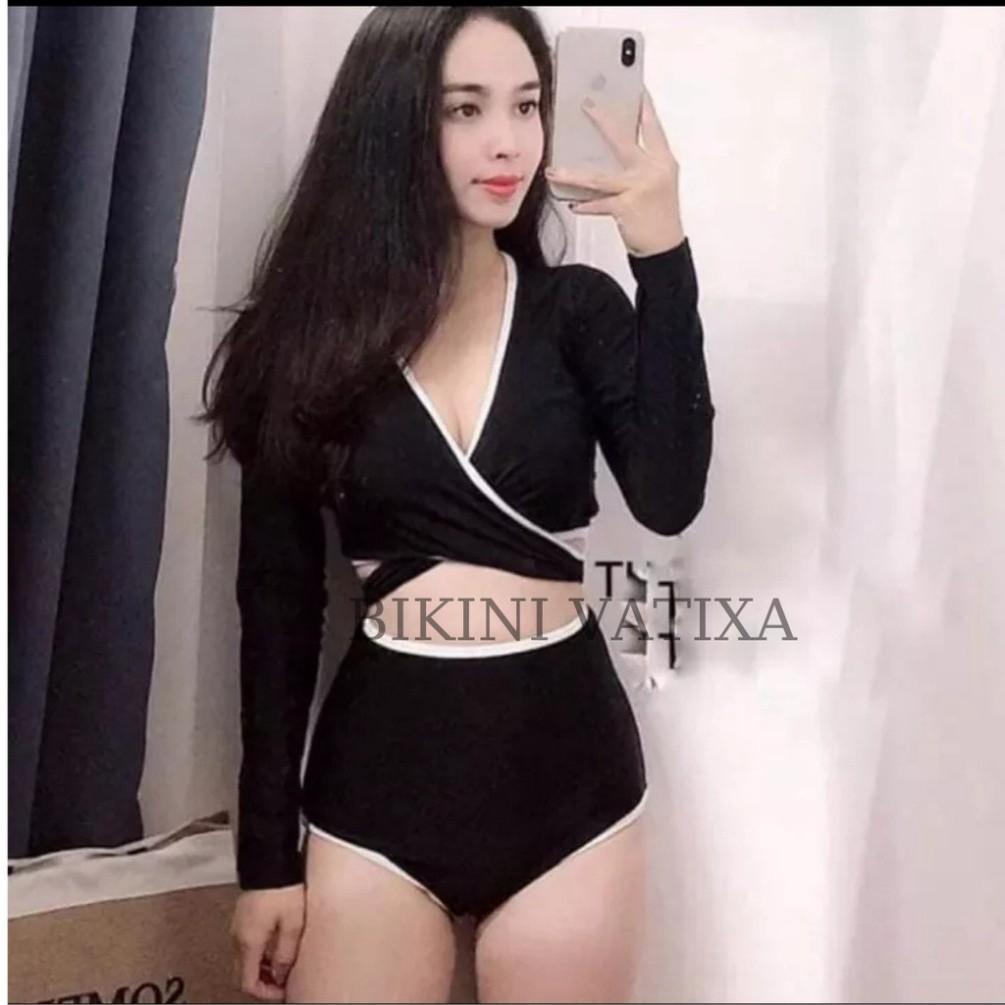 freeship Bikini đồ bơi tay dài đắp chéo quần cạp cao viền trắng cột dây ngực sành điệu VATIXA BKN04
