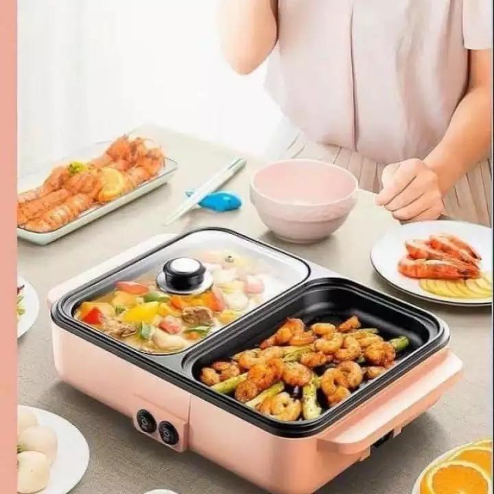 Bếp Điện Mini 2 Ngăn,Nồi Lẩu Nướng Đế Chống Dính | Công Dụng 5 Trong 1