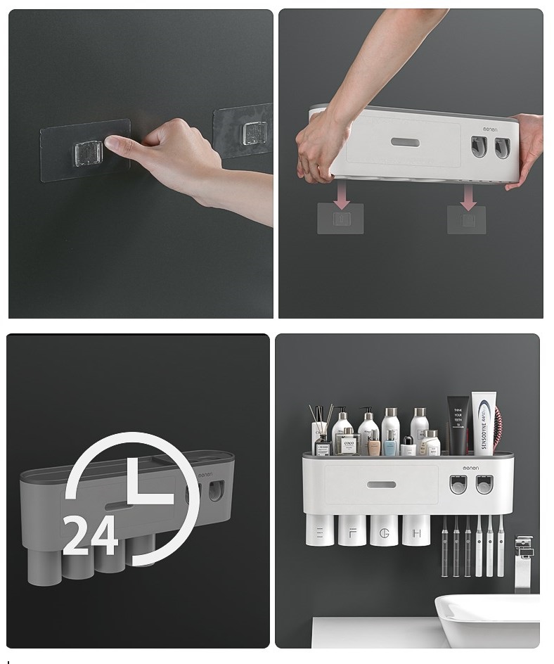 Giá treo bàn chải đánh răng OENON liền 2 nhả kem tự động kèm 4 cốc hút từ tính lắp đặt dán tường gạch men