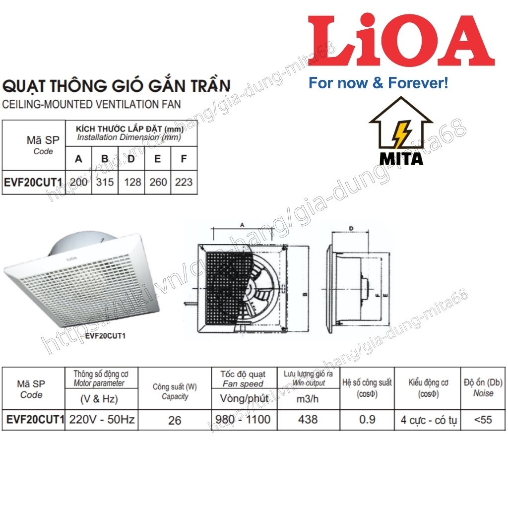 Quạt Thông Gió Gắn Trần LiOA EVF20CUT1 - Hàng Chính Hãng