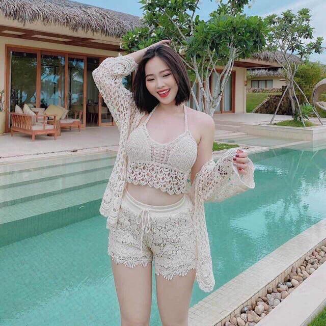 01- Set bikini ren đi biển 3 món áo bra-quần sóc- áo choàng