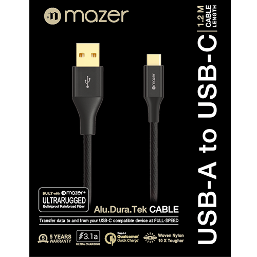 Dây Cáp Mazer ALU.DURA.TEK USB-A to USB-C Cable 3.1A (1.2m) - Hàng chính hãng