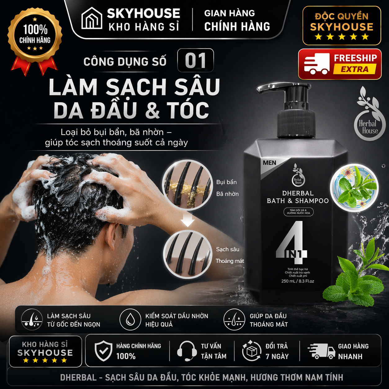 Dầu gội thảo dược thiên nhiên 4in1 tinh chất bạc hà độc quyền DHERBAL chai 250ml dầu gội trị gàu mọc tóc chính hãng