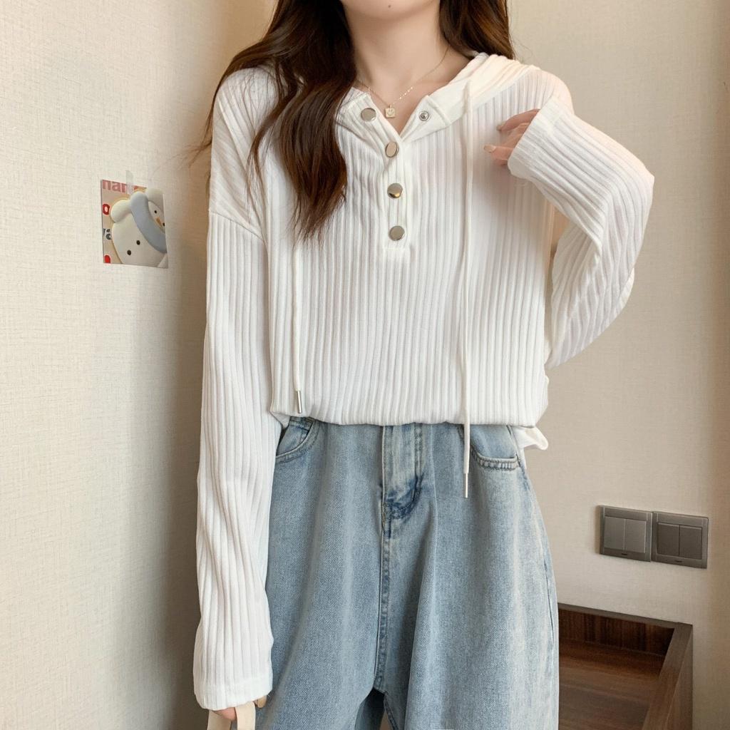 Áo Hoodie Nữ Mỏng Vải Nhung Thun Dài Tay Cúc Bấm