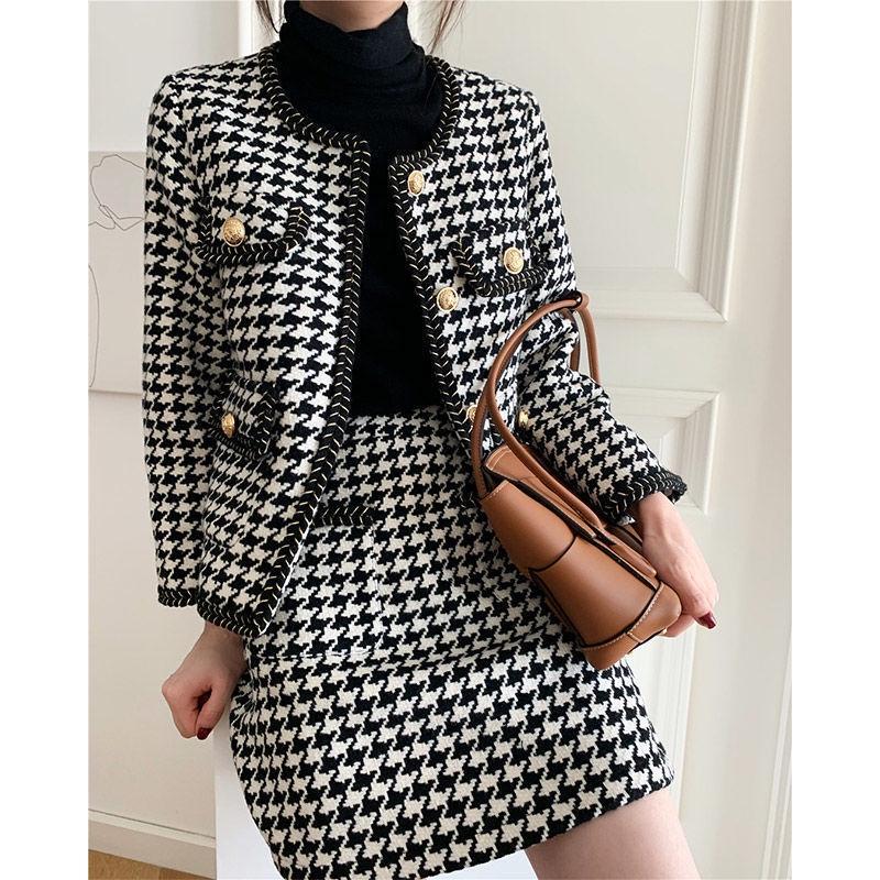 LEN DẠ TWEED | Set Len Giả Dạ Tweed Nữ Tiểu Thư Họa Tiết Trám Ô Dày Dặn Gồm Áo Khoác Và Chân Váy Ulzzang