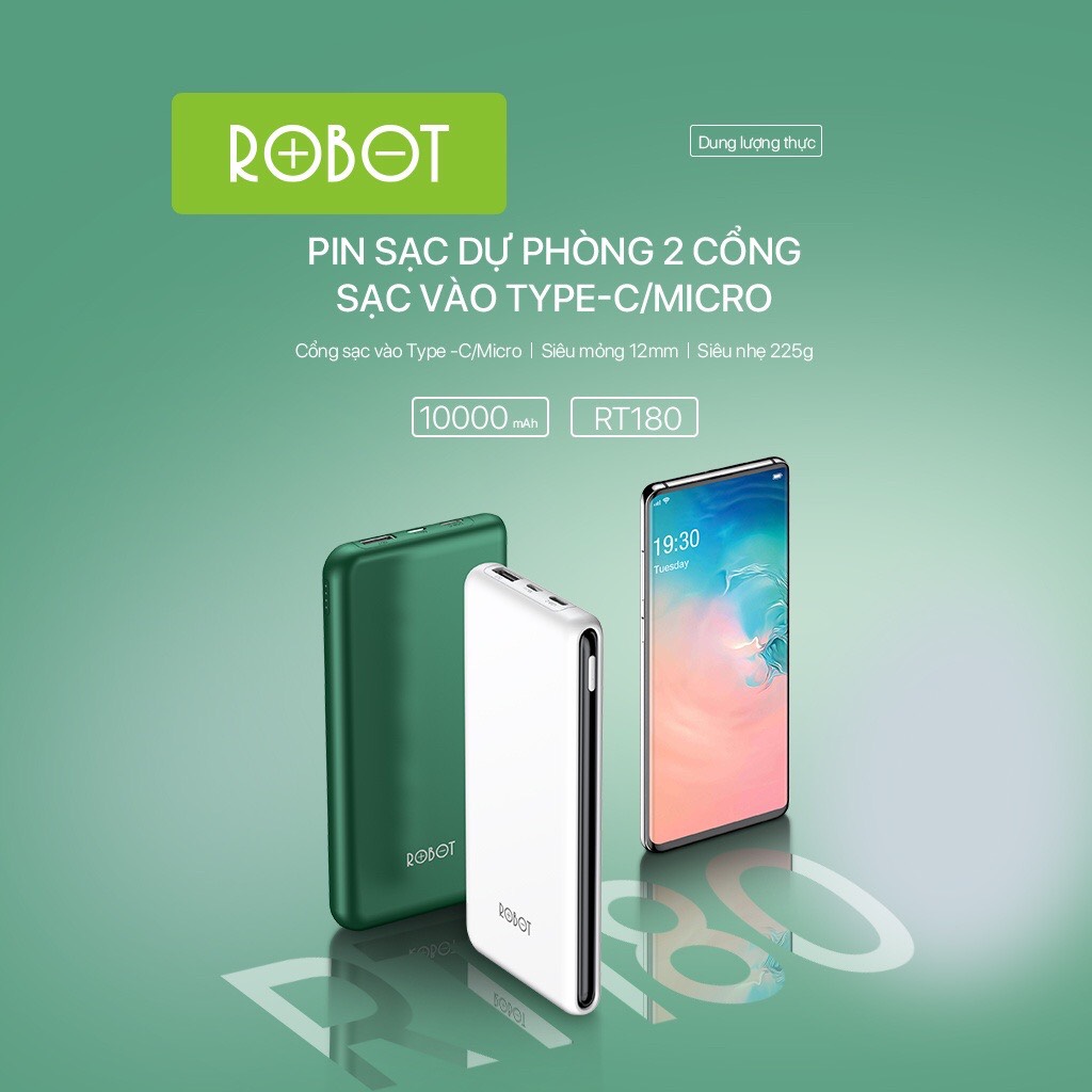 Pin Sạc Dự Phòng ROBOT RT180 10000mAh Thiết Kế Nhỏ Gọn 1 Cổng USB Và 1 Cổng Micro/Type-C - Hàng Chính Hãng