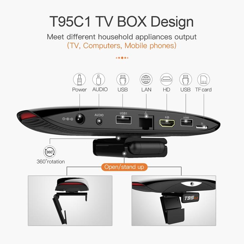 Android tivi box tích hợp camera 800W HD và micro có thể nghe gọi video trực tiếp trên tivi, bluetooth 4.2, xem video 4K, chạy rất nhanh và mượt T95C1