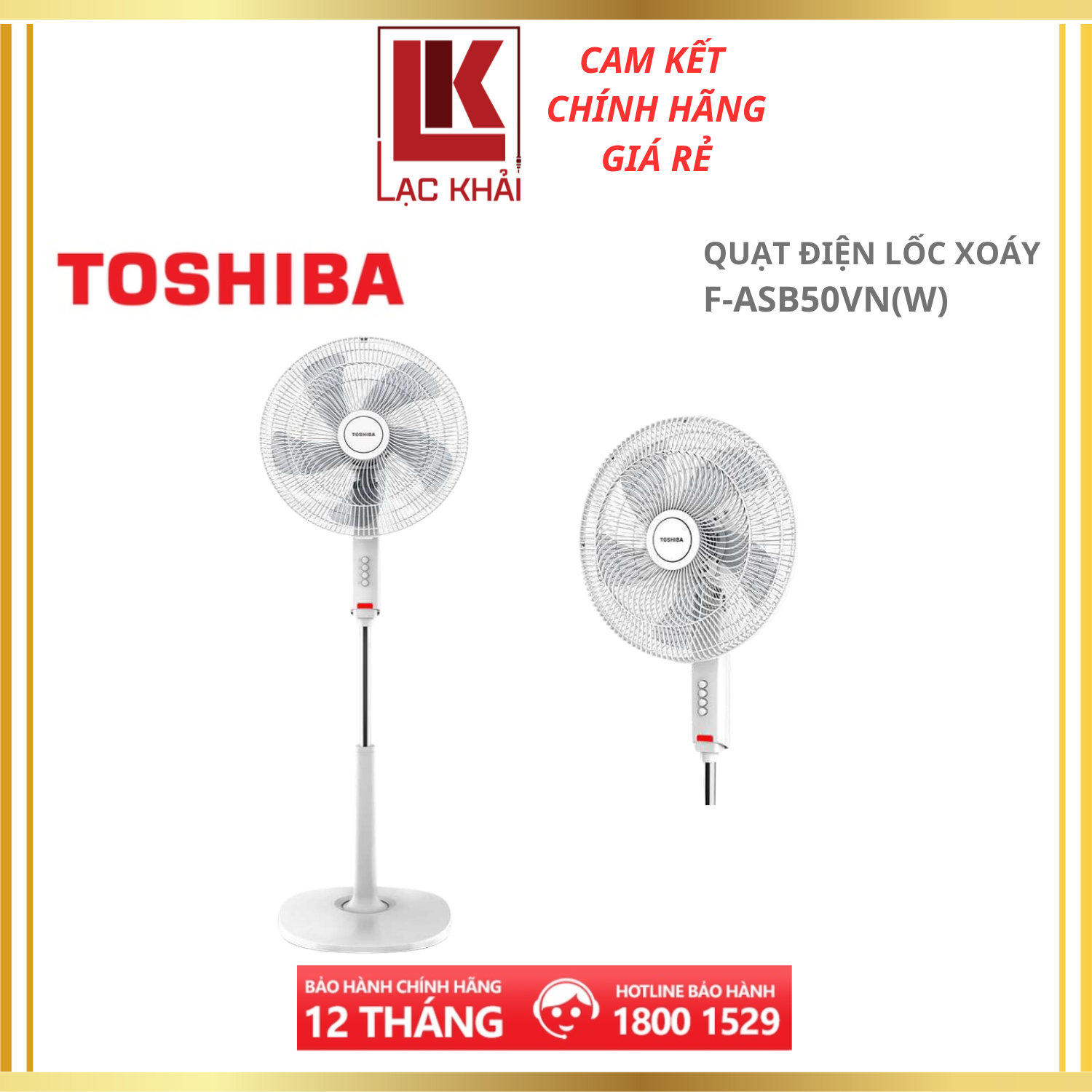 Quạt điện lốc xoáy Toshiba F-ASB50VN(W) Trắng, Động cơ bạc đạn, Công suất 55W, 5 cánh - Hàng chính hãng