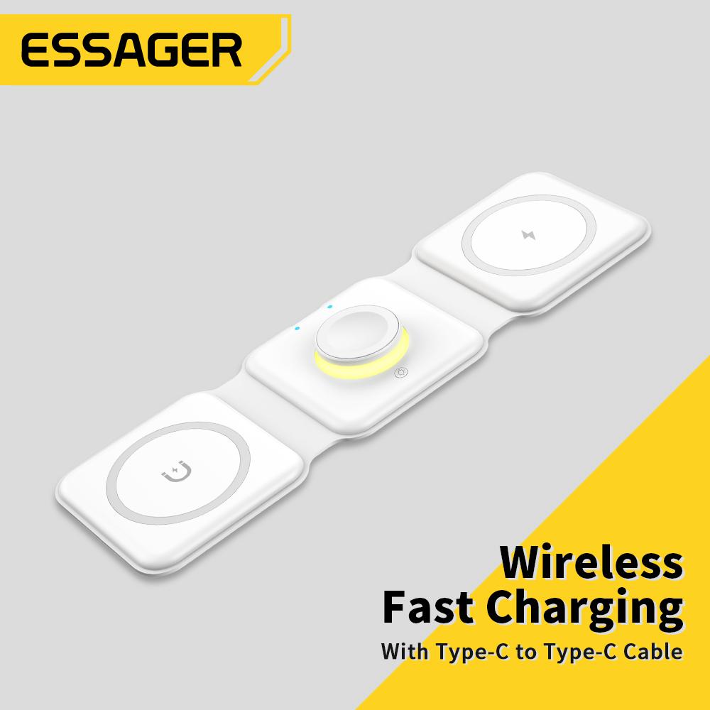 Essager 3 trong 1 từ tính 15W QI Bộ sạc không dây có thể gập lại cho iPhone 14 13 12 /AirPod /iWatch 7 6 sạc nhanh
