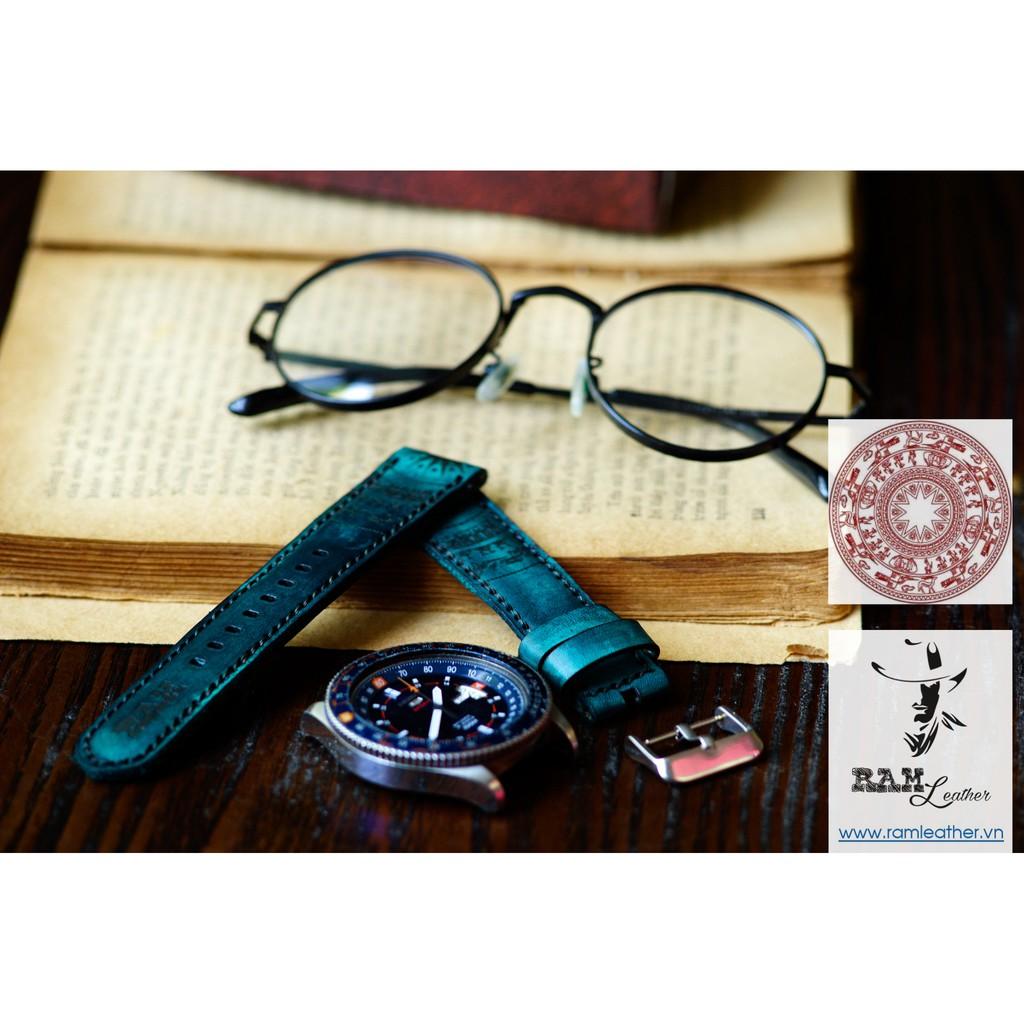 DÂY APPLE WATCH DA BÒ Ý VEGTAN XANH LỤC - RAM TRỐNG ĐỒNG AQUA GREEN - ĐỦ SIZE