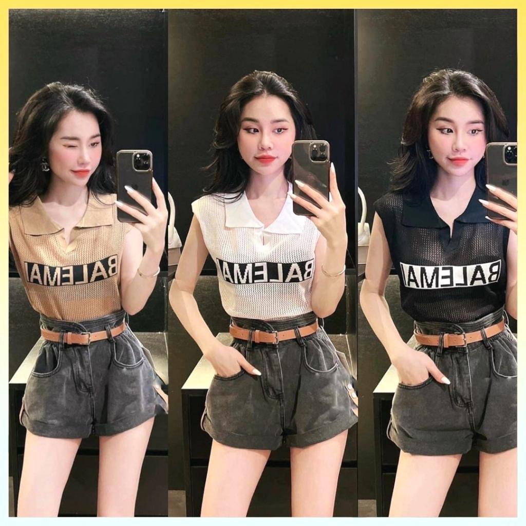 Áo lưới len Montoghi dệt kim BALEMAI cổ polo dáng vừa hàng Quảng Châu cực xinh