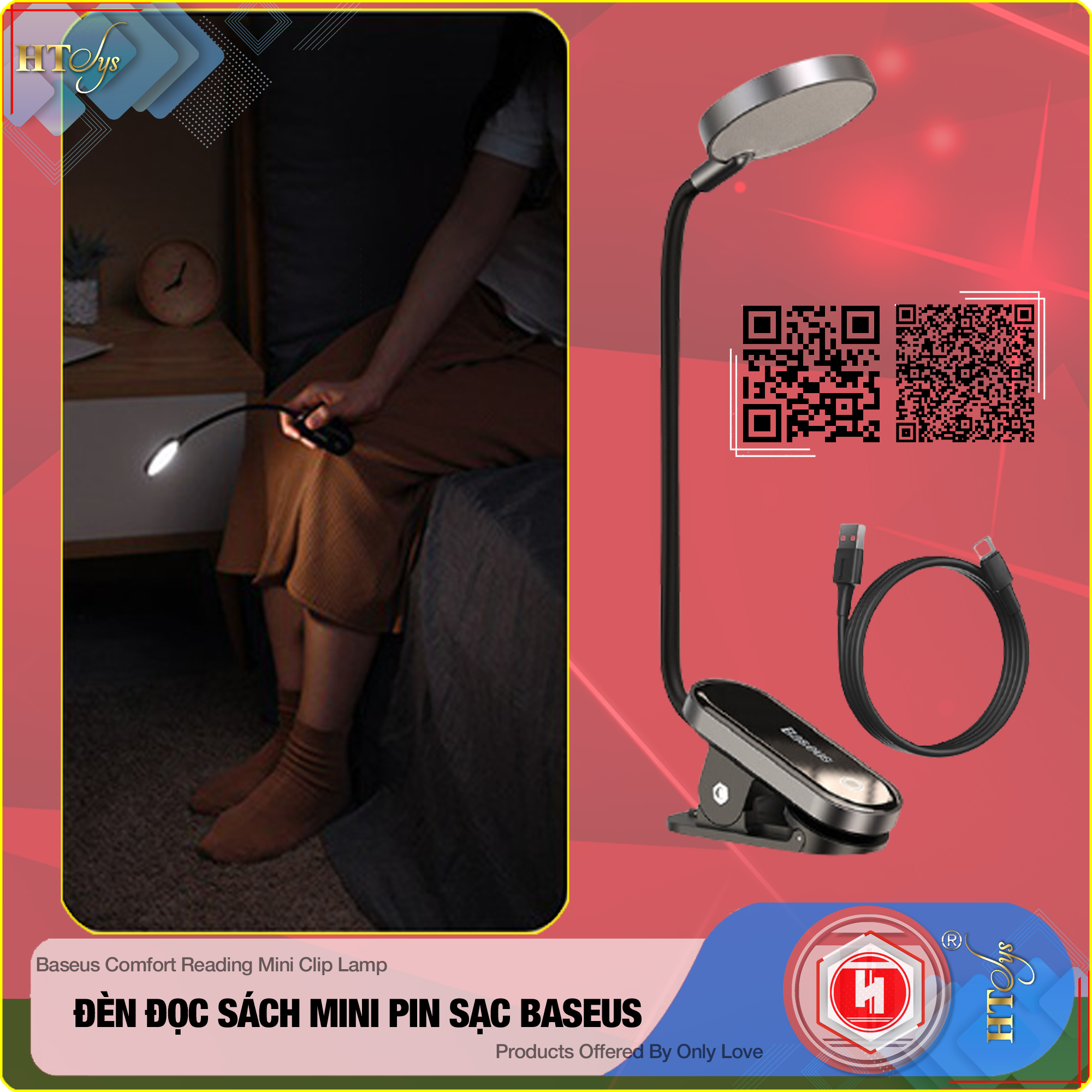 Đèn đọc sách mini Baseus Comfort Reading Mini Clip Lamp - Pin sạc 350mAh  - Chân đế kẹp - 03 Cường độ sáng - 24H sử dụng - Hàng Nhập Khẩu