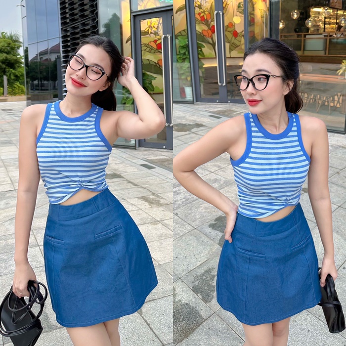 ĐẦM SET ÁO CROPTOP DÂY 3 LỖ ÔM BODY SỌC PASTEL THUN + CHÂN VÁY NGẮN CHỮ A SUÔNG TRƠN LƯNG CAO ĐI TIỆC ĐI CHƠI ĐI BIỂN DẠO PHỐ