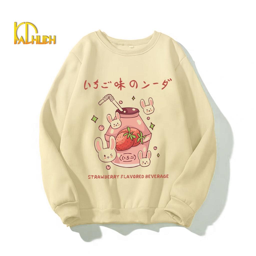 ÁO SWEATER NỈ NỮ IN STRAWBERY FLAVORED BEVERAGE KÈM CLIP THẬT ĐỦ SIZE M L XL