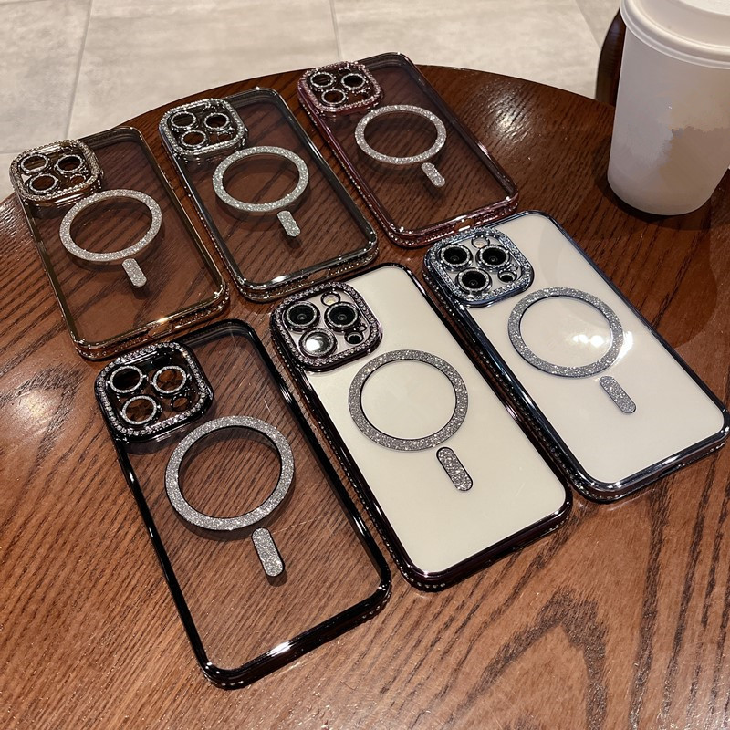 Ốp lưng cho iphone 15 pro max sạc từ tính đính đá vòng kim tuyến rất đẹp - hàng chính hãng