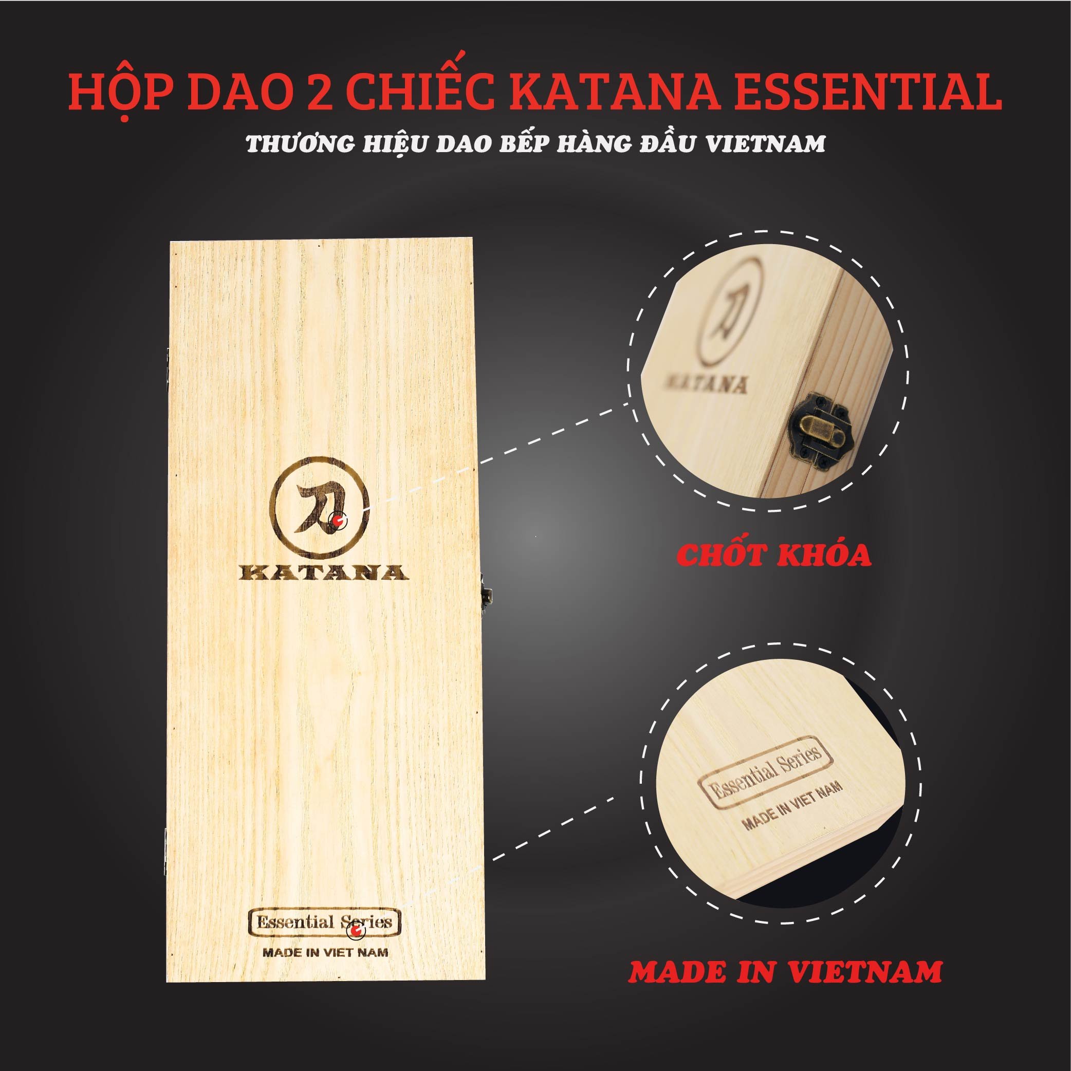 Hộp gỗ 2 chiếc dao bếp cao cấp Essential KATANA, Dao thái thịt cá đa năng - KATA220