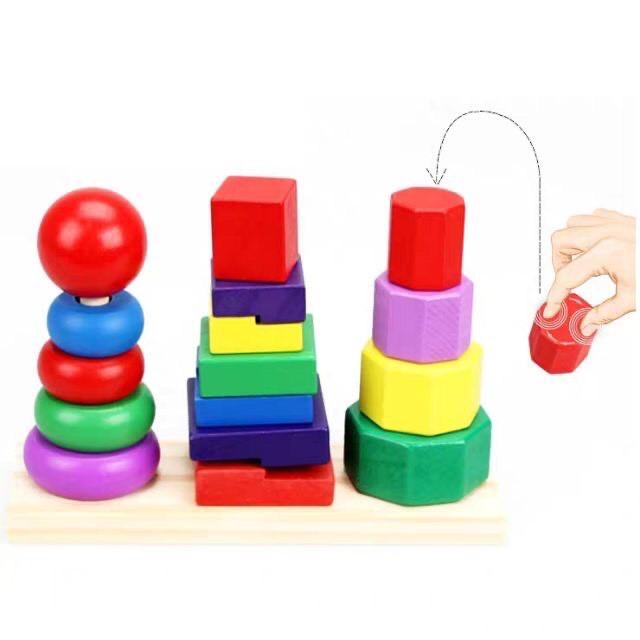 Đồ chơi gỗ 3 tháp xếp chồng trên thanh ngang - Montessori